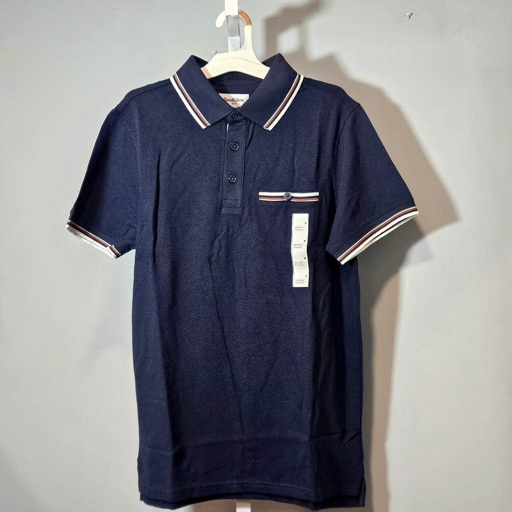 NWT Goodfellow & Co Men's Size M Navy Polo w/Stripe Trim Waffle Knit 3 Buttons